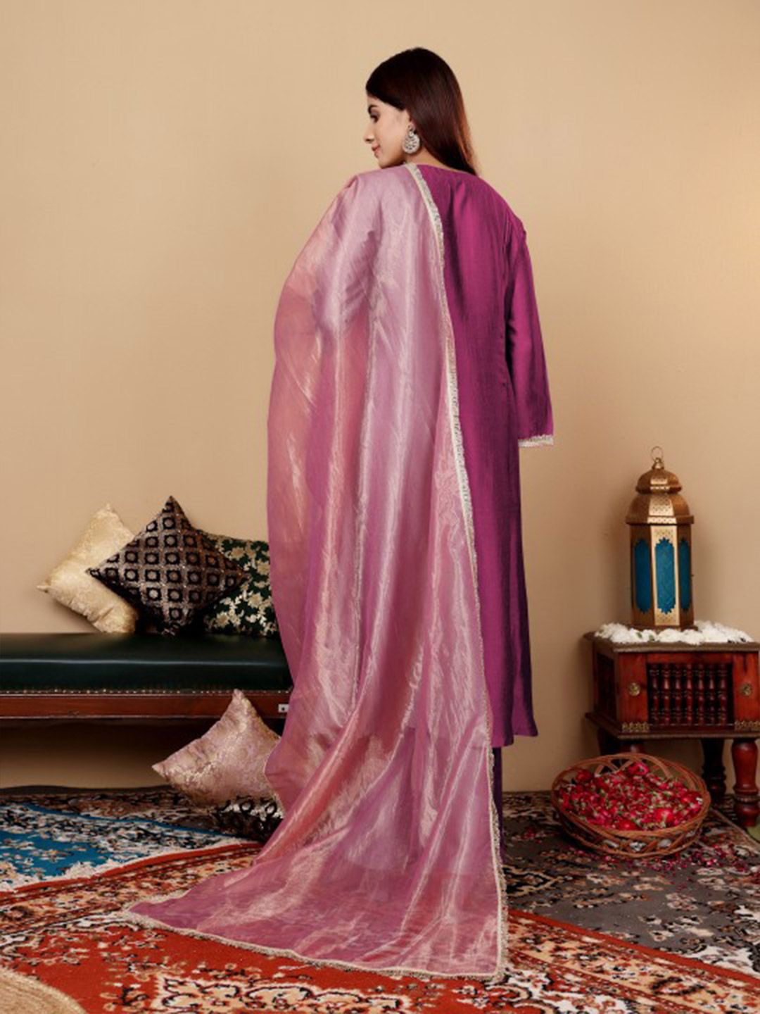 Dhiyona VA Women'sYoke Design Regular Sequinned Kurta with Trousers & With Dupatta