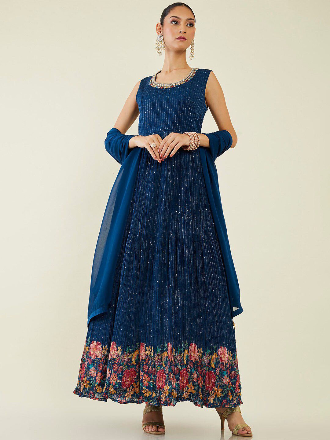 Dhiyona SO Women's Sequined Embellished Embroidered Anarkali Kurta with Churidar & Dupatta