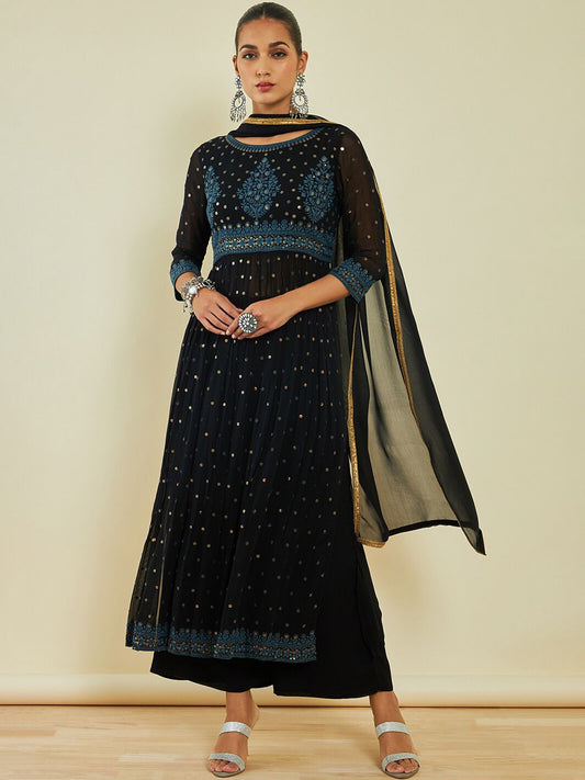 Dhiyona SO Women's Ethnic Motifs Embroidered Sequinned A-line Kurta with Trousers & With Dupatta