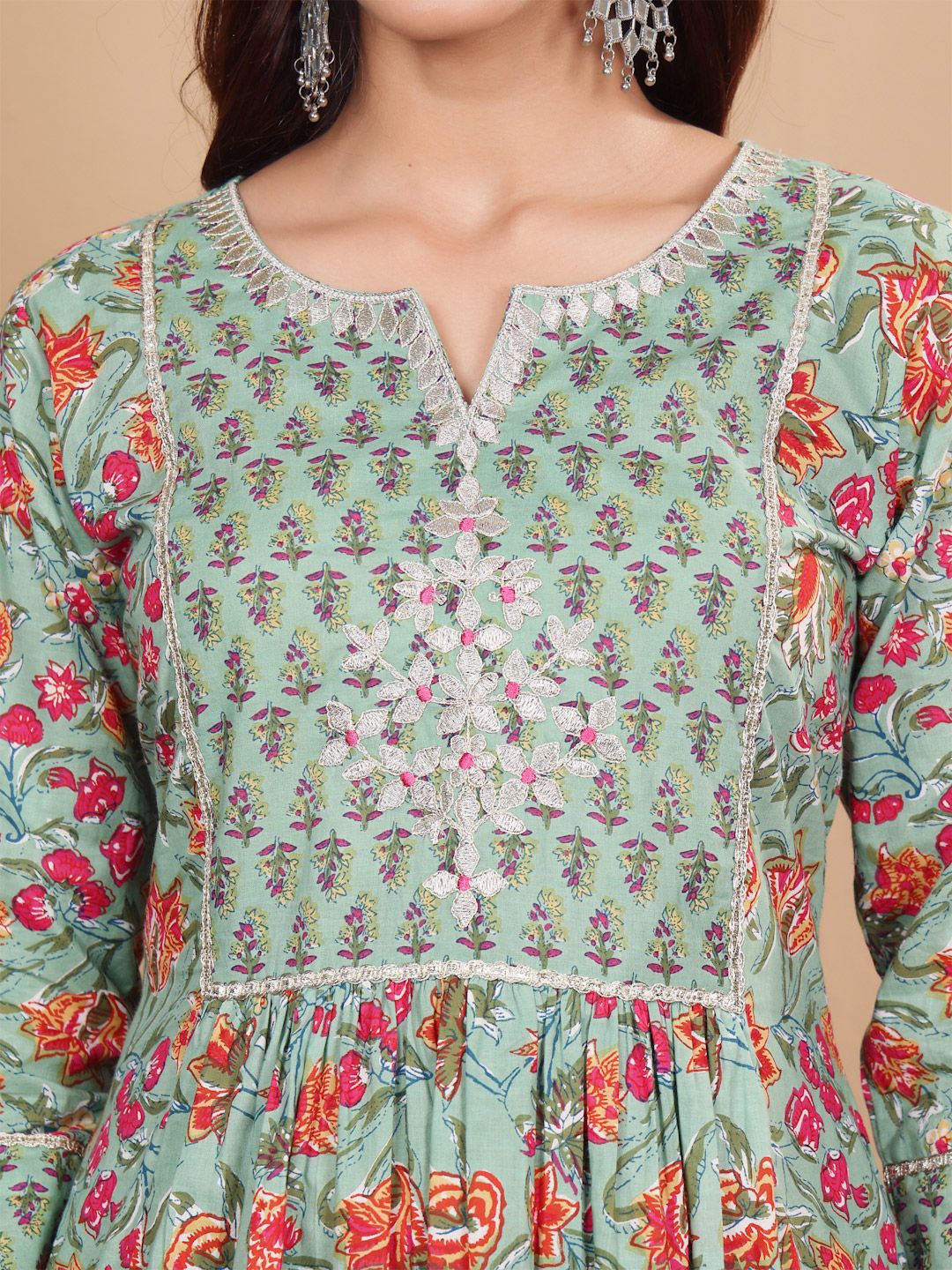 Dhiyona VA Women'sFloral Printed Notch Neck Pure Cotton Kurta with Palazzo & Dupatta