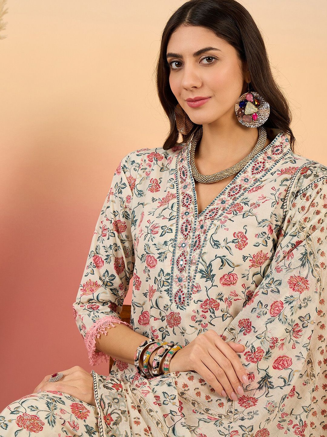 Dhiyona SN Women's Floral Printed Pure Cotton V Neck Kurta With Trousers & Dupatta
