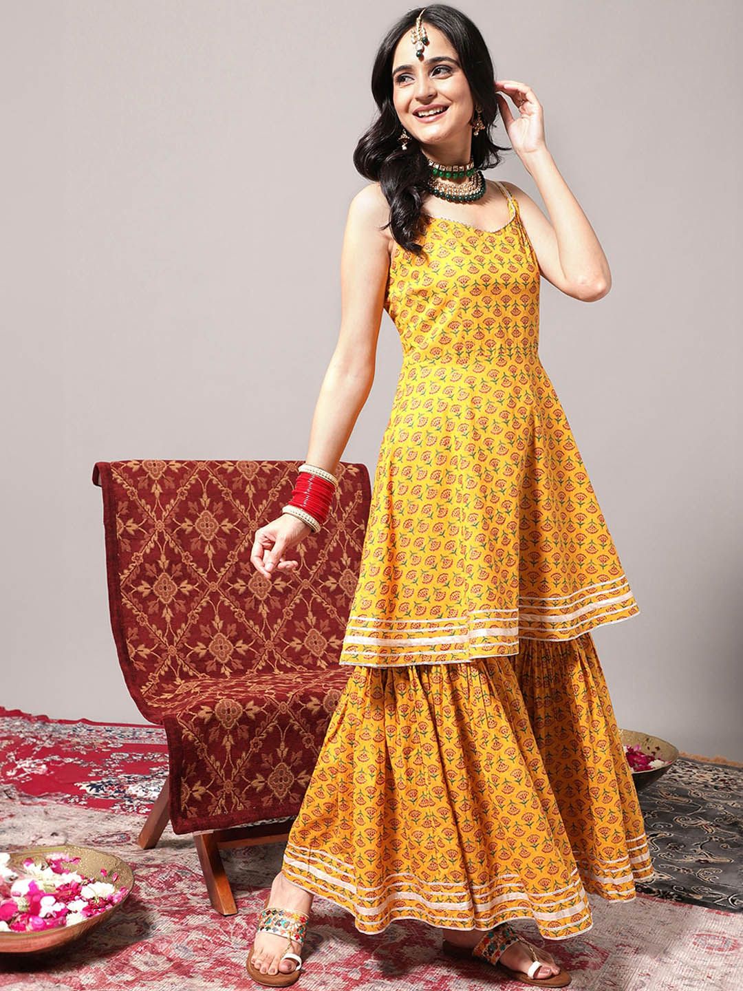 Dhiyona VA Women'sEthnic Motifs Printed Gotta Patti A-Line Kurta & Sharara With Dupatta