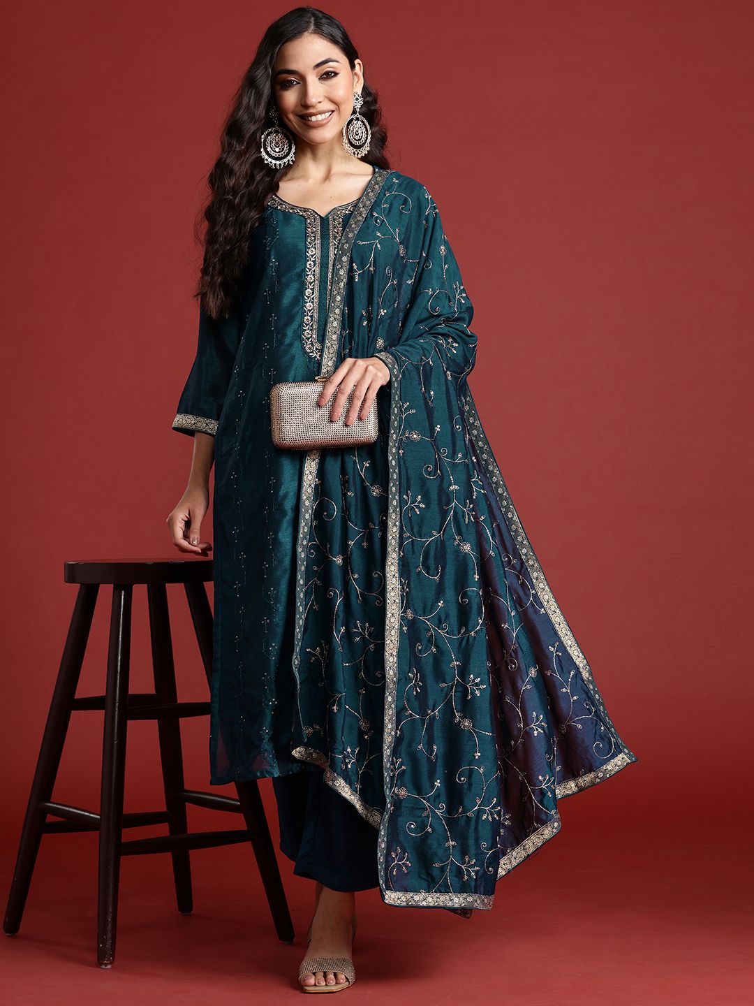 Dhiyona IE Floral Embroidered Sequinned Kurta With Trousers & Dupatta