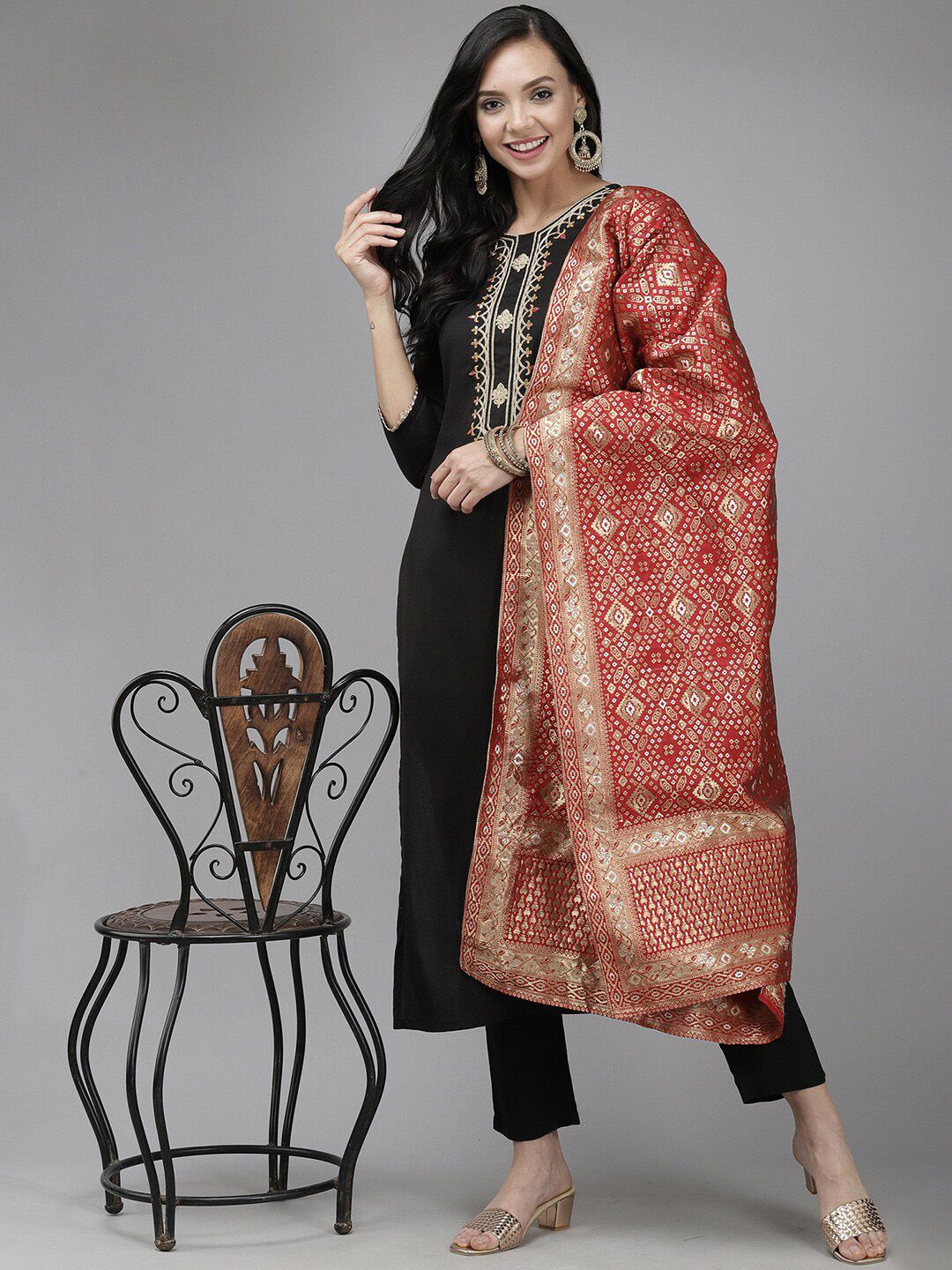 Embroidered Sequinned Kurta with Trousers & Dupatta