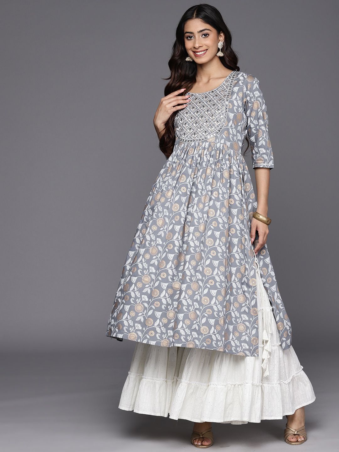 Dhiyona LB Women's Floral Yoke Design Mirror Work Kurta