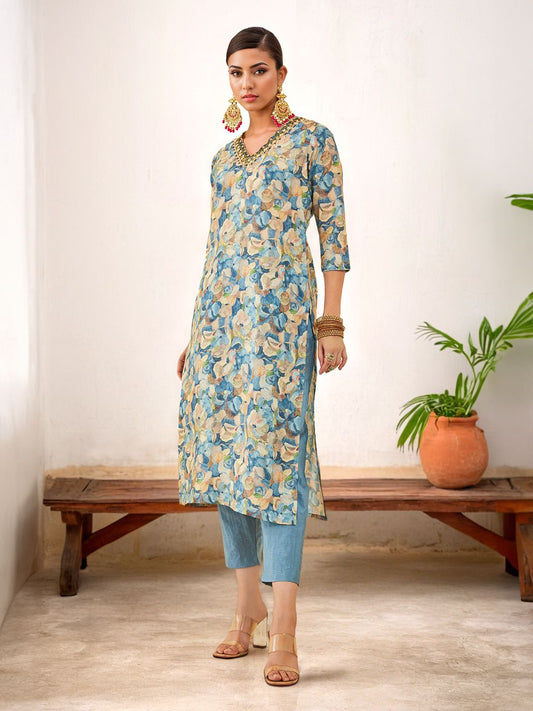Dhiyona SO Women's Floral Printed V-Neck Three-Quarter Sleeves Beads and Stones Kurta with Trousers