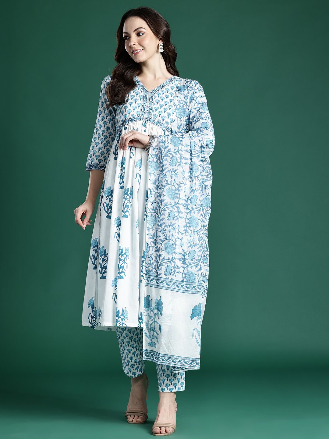 Dhiyona IE Floral Printed Empire Pure Cotton Kurta with Trousers & Dupatta