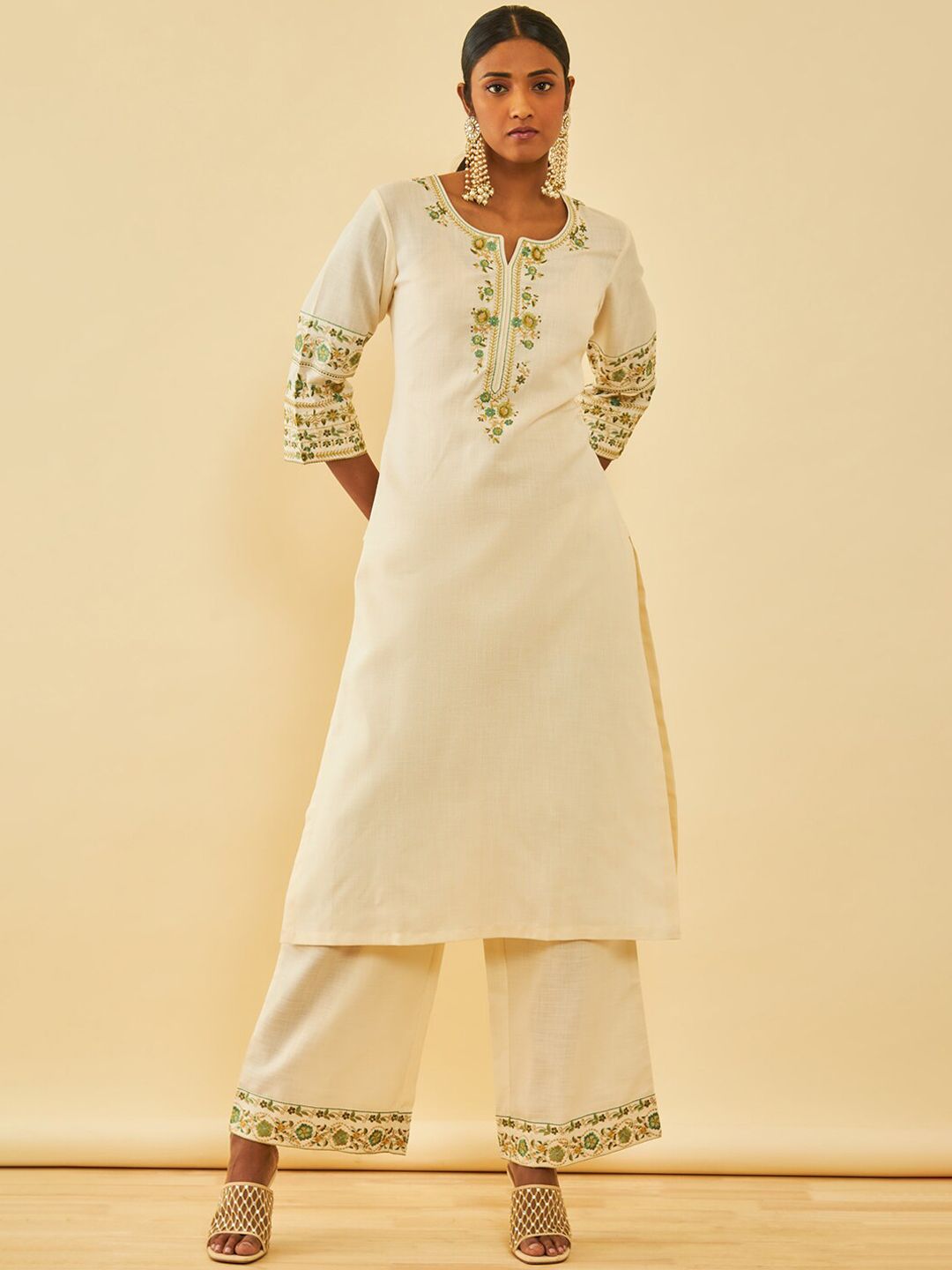 Dhiyona SO Women's Floral Embroidered Regular Thread Work Kurta with Palazzos