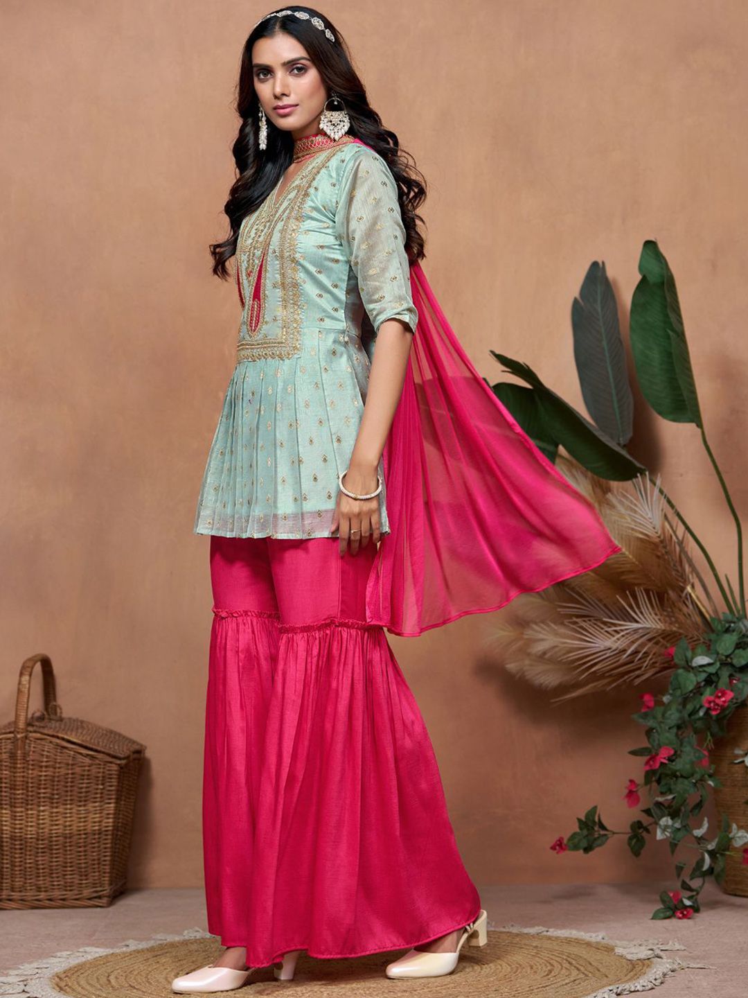 Dhiyona SN Women's Paisley Embroidered V-Neck Short Sleeves Chanderi Silk Kurta & Sharara & Dupatta
