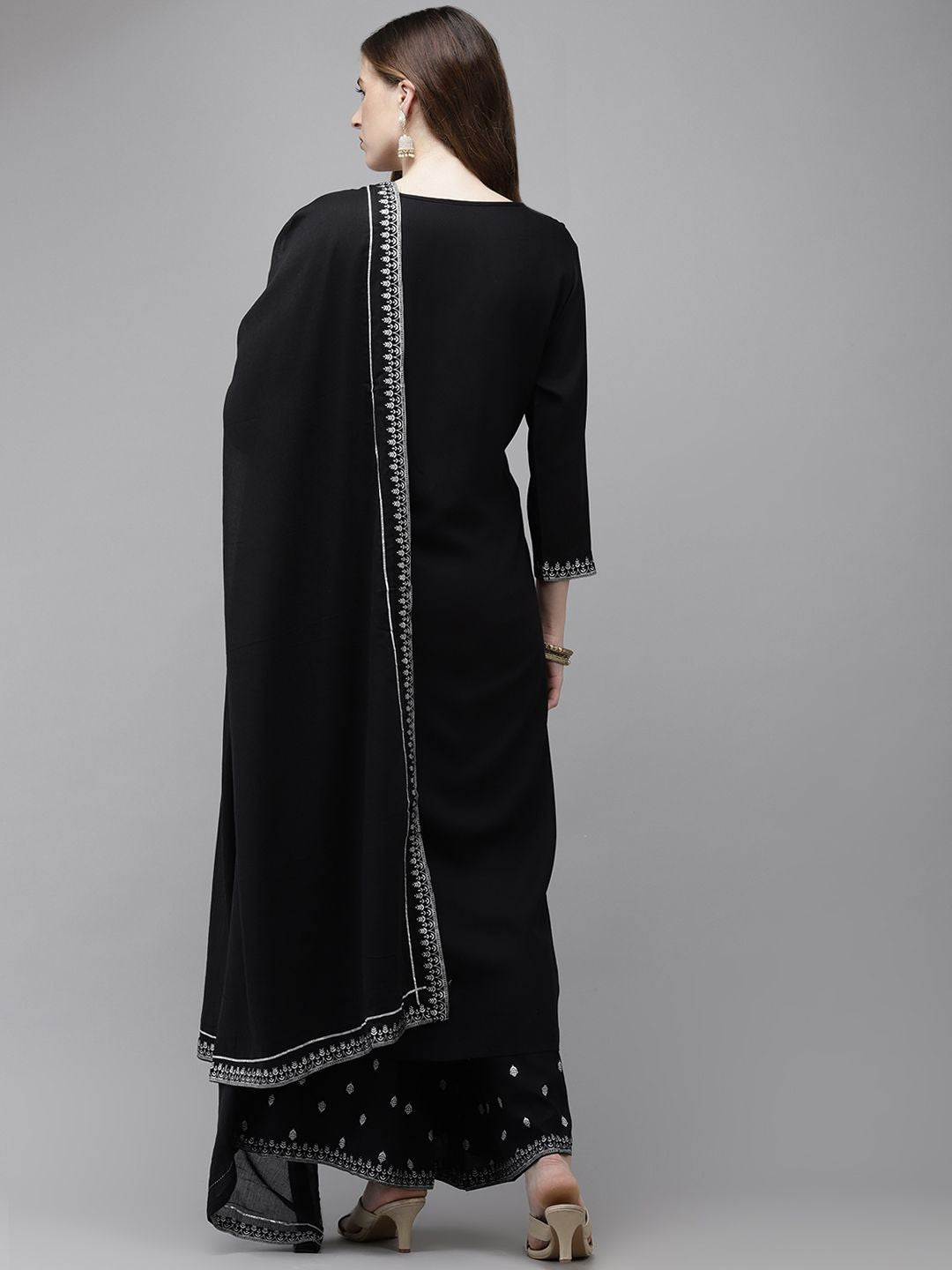 Dhiyona IS Women's Women Black Floral Embroidered Regular Kurta with Palazzos & With Dupatta