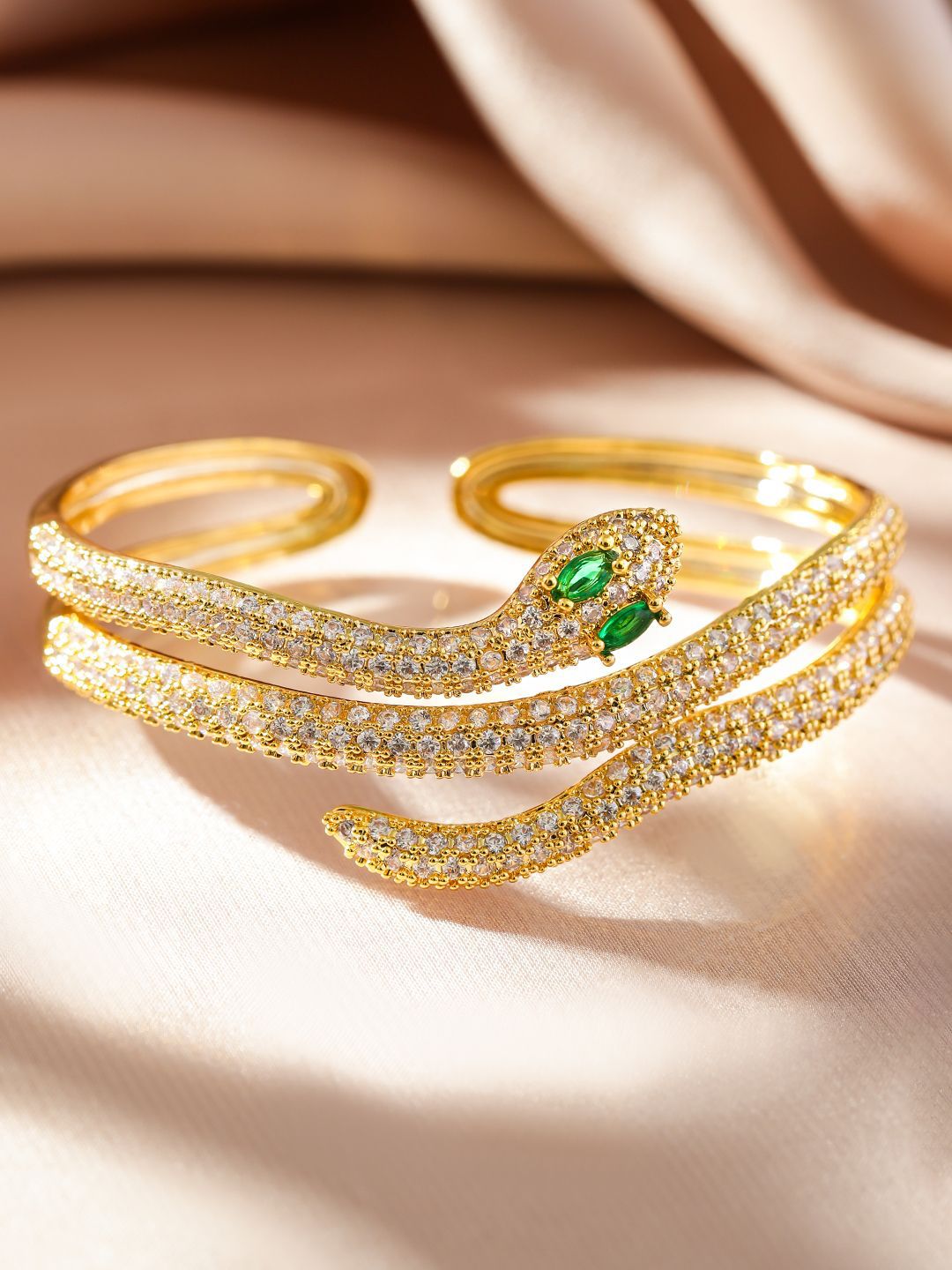Dhiyona RJ Women's 22K Gold Plated Double Snake Design Emerald and Cubic Zirconia Openable Bracelet