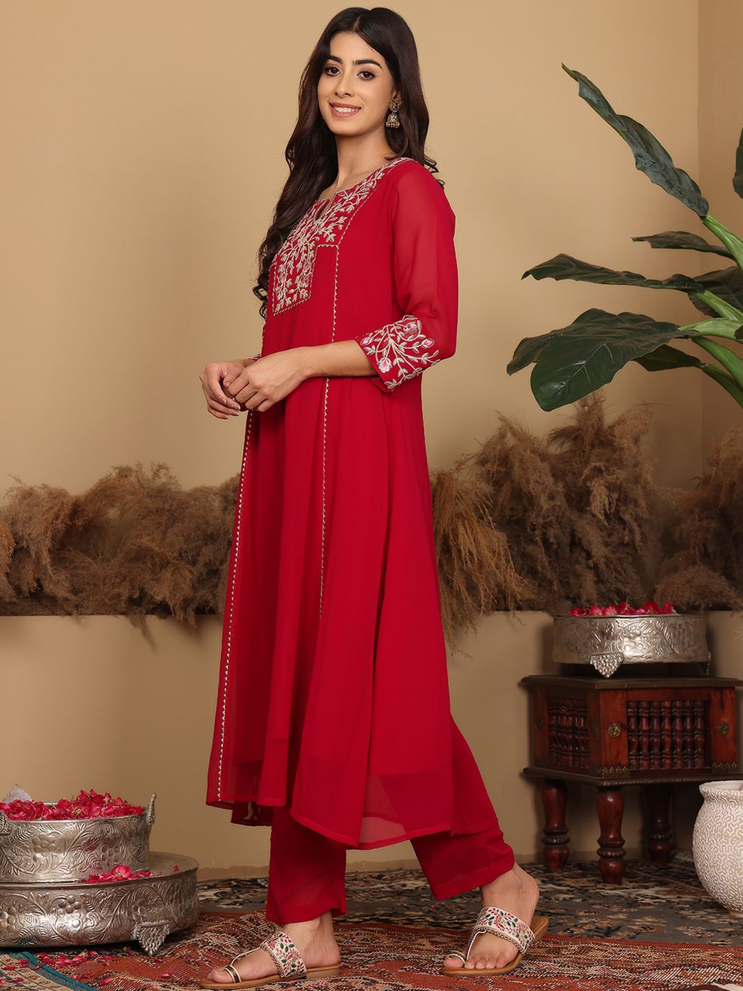 Dhiyona VA Women's Floral Embroidered Silk Georgette A-Line Kurta with Trousers & Dupatta