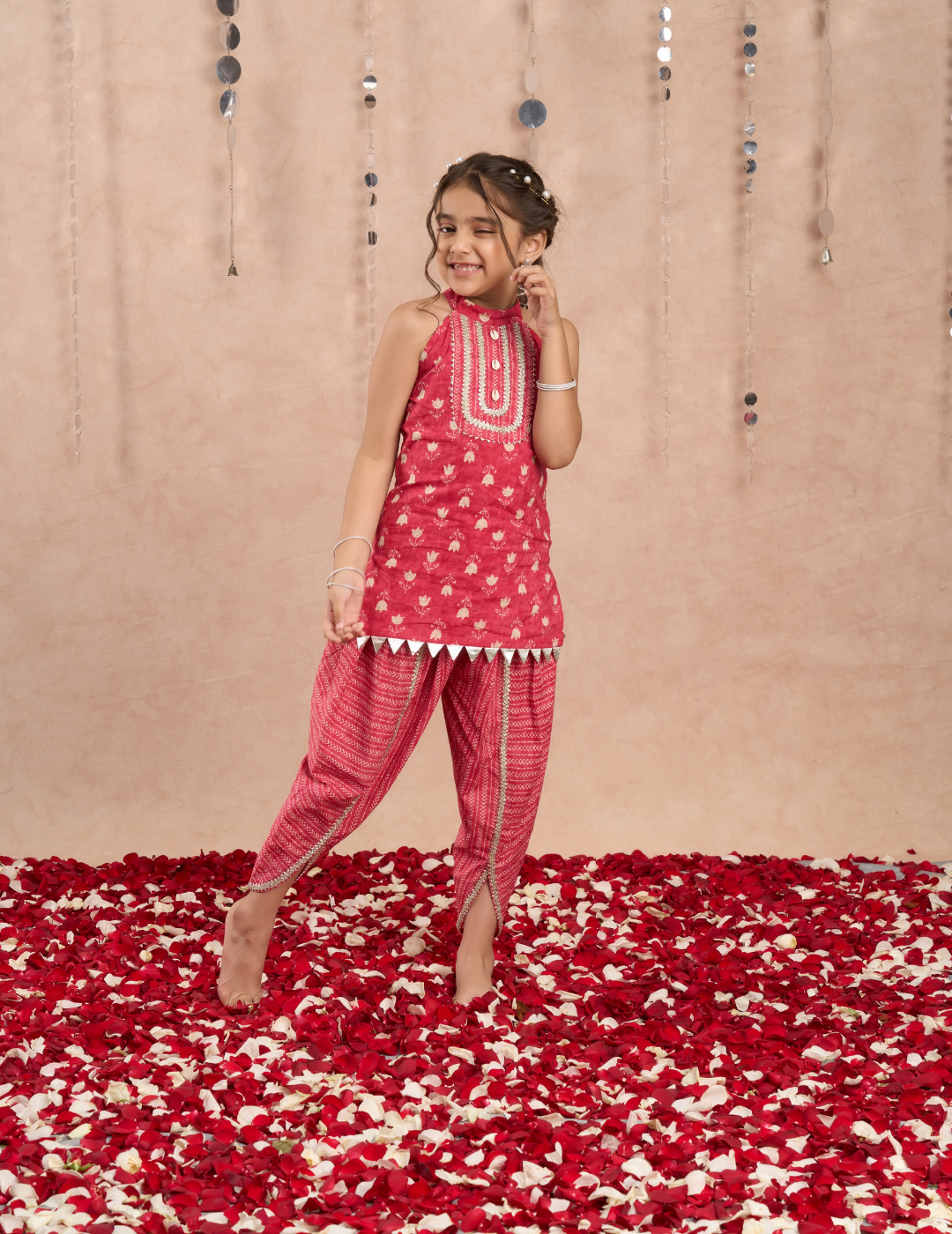 Jaipur Girls Red Cotton Kurta with Dhoti Ethnic Set