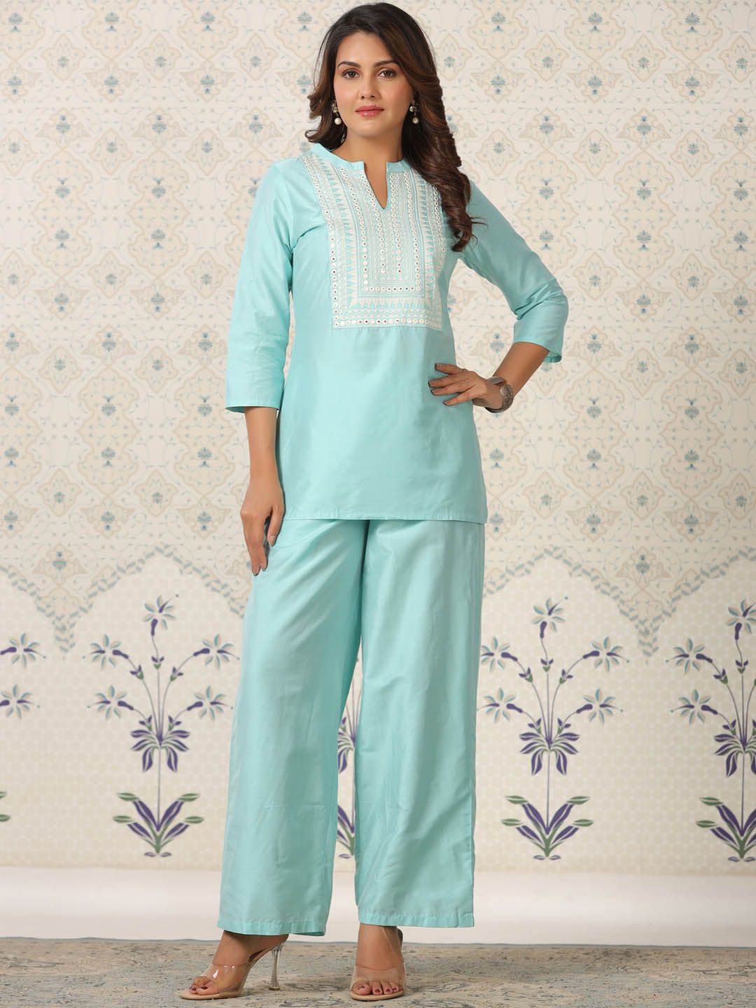 Dhiyona OD Ethnic Motifs Embroidered Mirror Work Kurti with Palazzos
