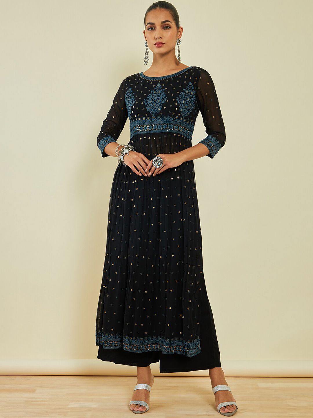 Dhiyona SO Women's Ethnic Motifs Embroidered Sequinned A-line Kurta with Trousers & With Dupatta