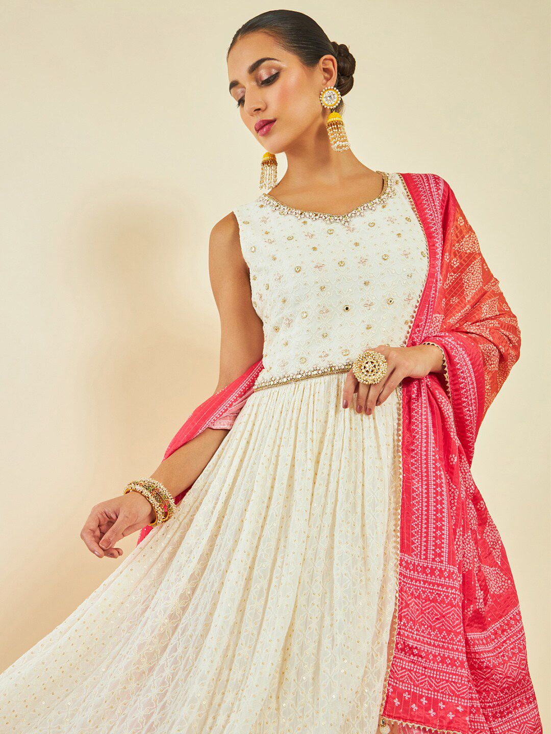 Dhiyona SO Women's Off White Floral Embroidered Sequinned Anarkali Kurta With Churidar & Dupatta