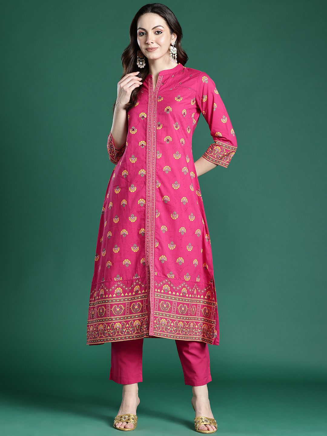 Dhiyona IE Ethnic Motifs Printed Pure Cotton Kurta with Trousers