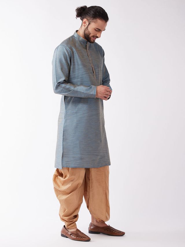 Men's Aqua Silk Blend Straight Kurta and Dhoti Set