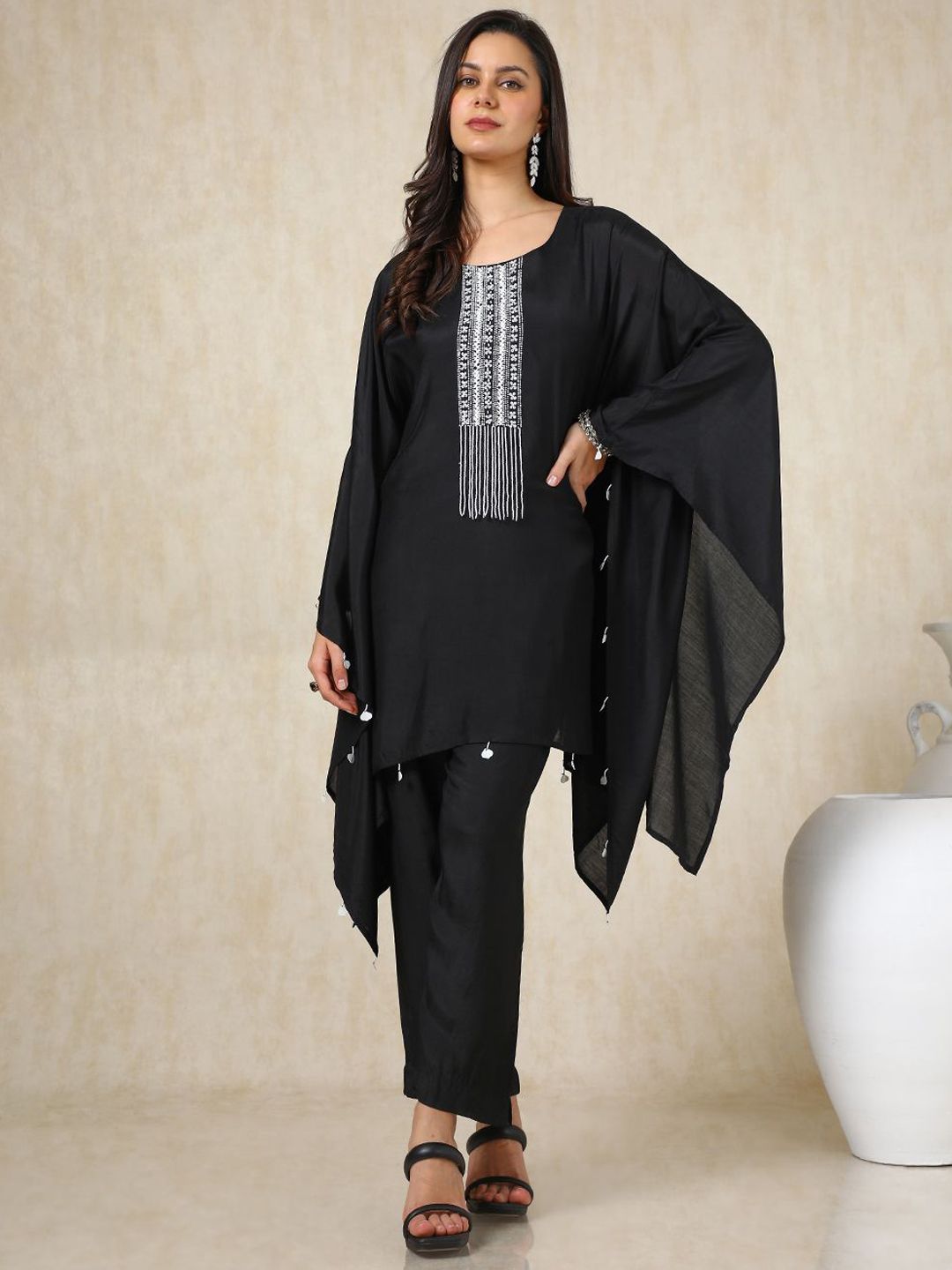 Dhiyona SO Women's Ethnic Motifs Embroidered Kaftan Kurta with Trousers