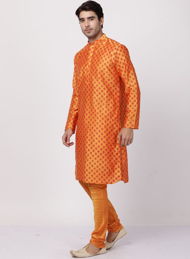 Men's Orange Cotton Blend Straight Kurta Pyjama Set