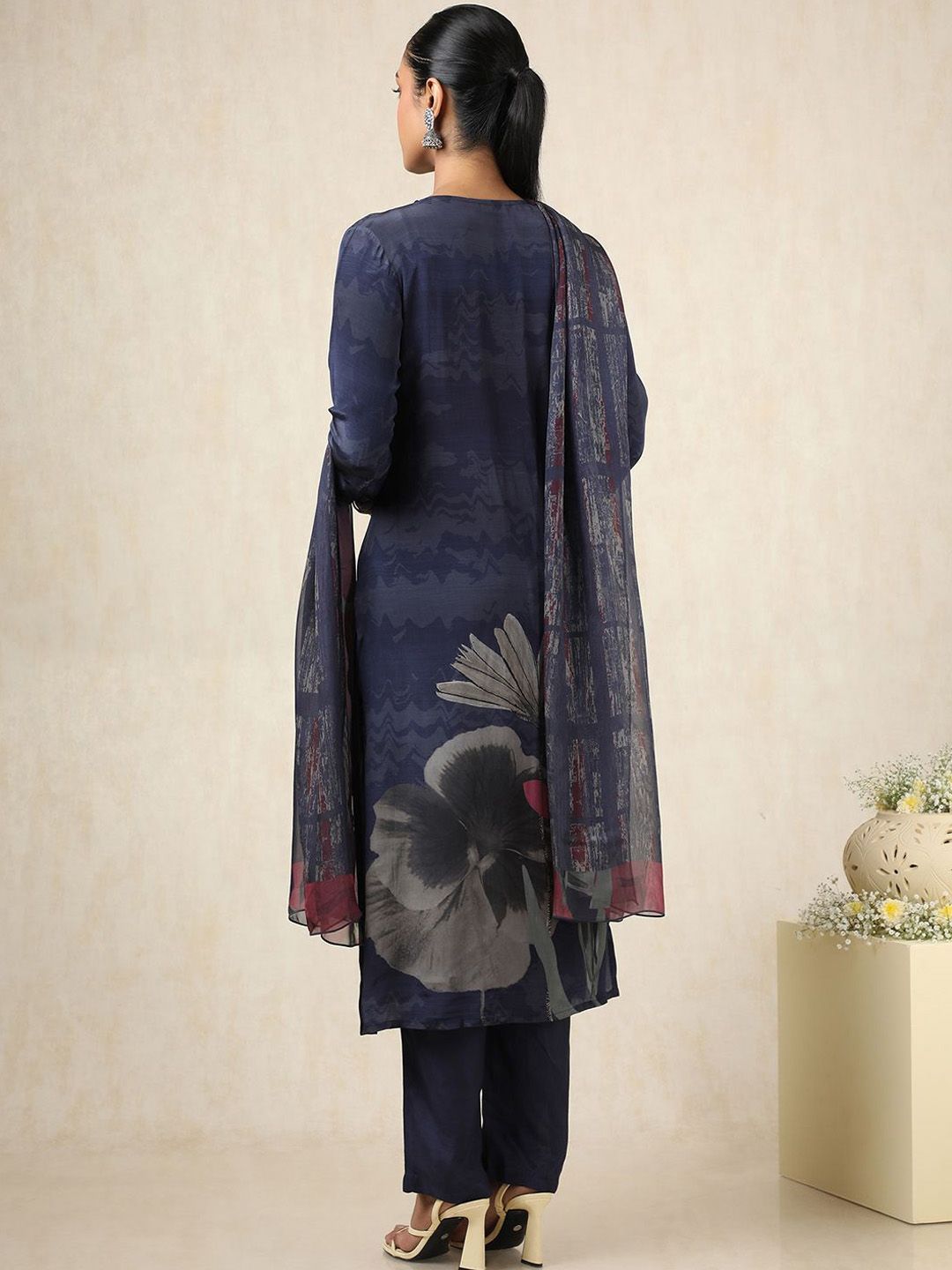 Dhiyona SO Women's Floral Printed Square Neck Beads and Stones Silk Empire Kurta With Trousers & Dupatta