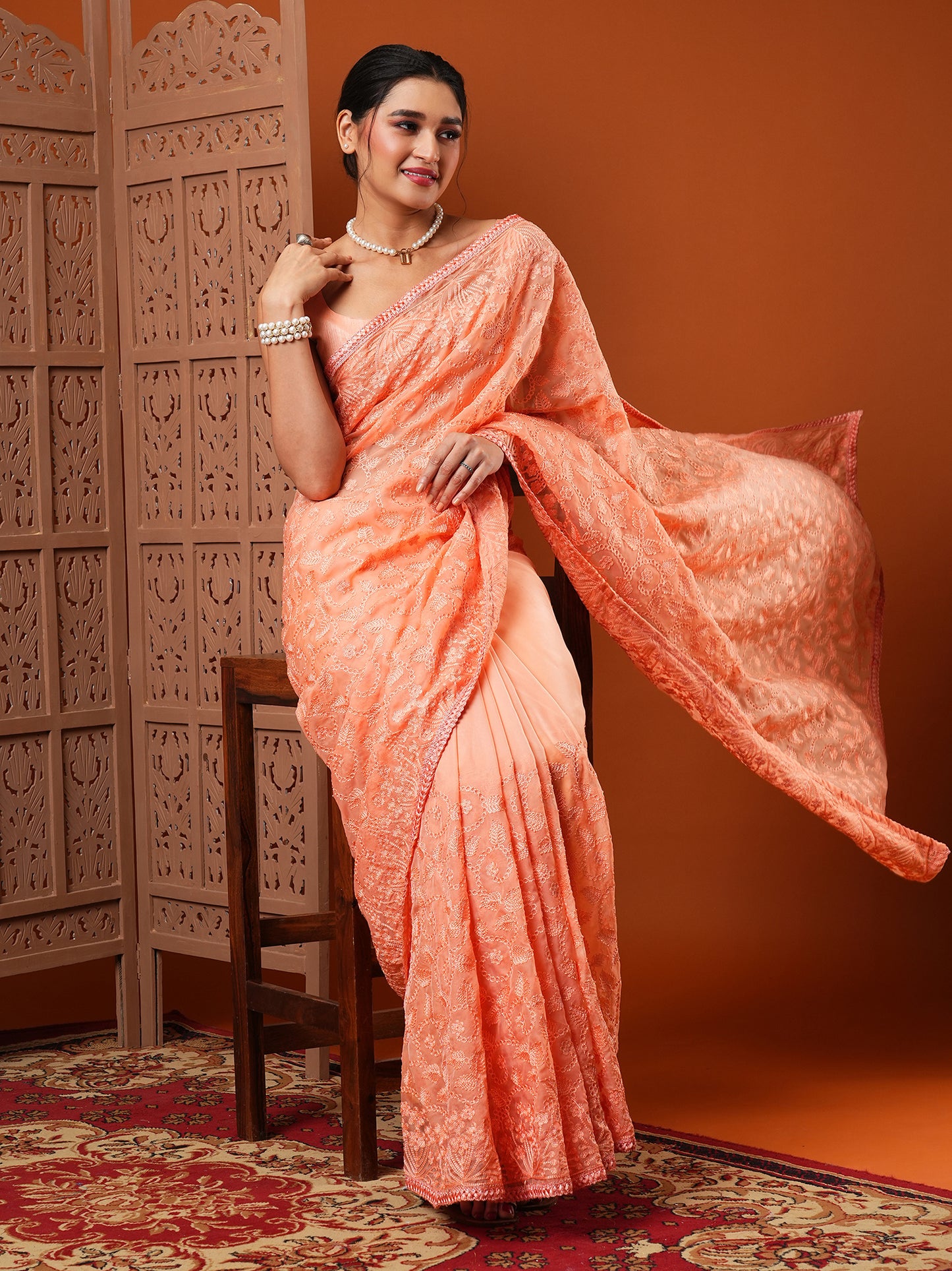 Women's Organza Peach Embroidered Designer Saree With Blouse Piece