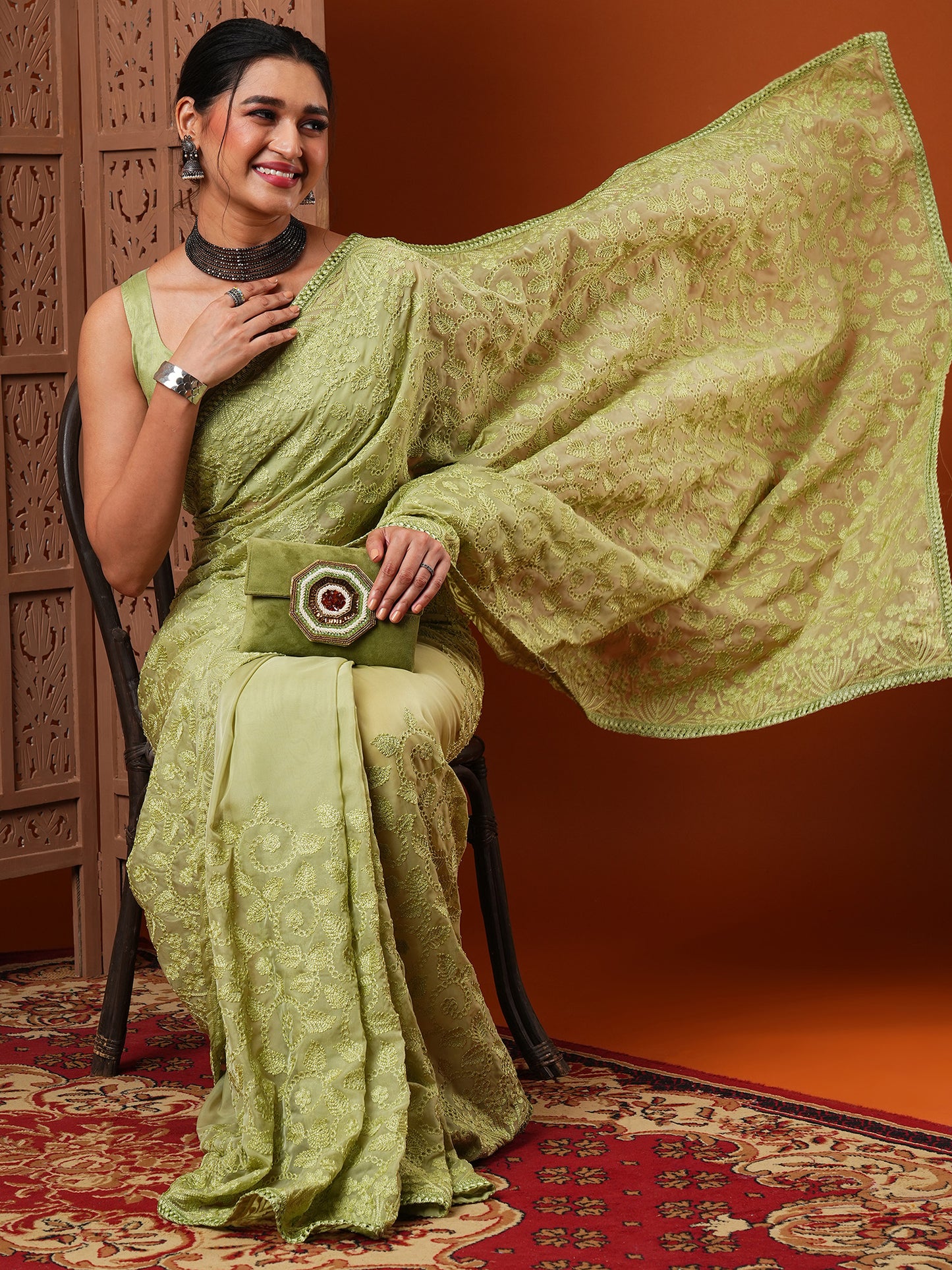 Women's Organza Green Embroidered Designer Saree With Blouse Piece