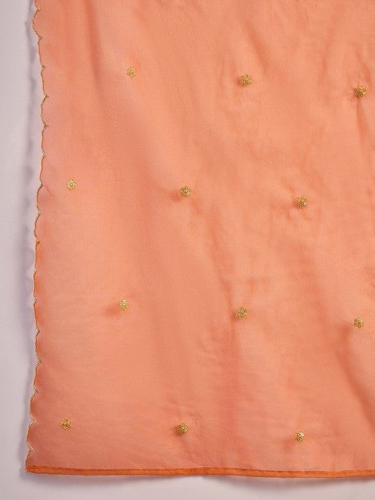 Women's Orange Floral Embroidered V-Neck A-Line Kurta With Trousers And Dupatta