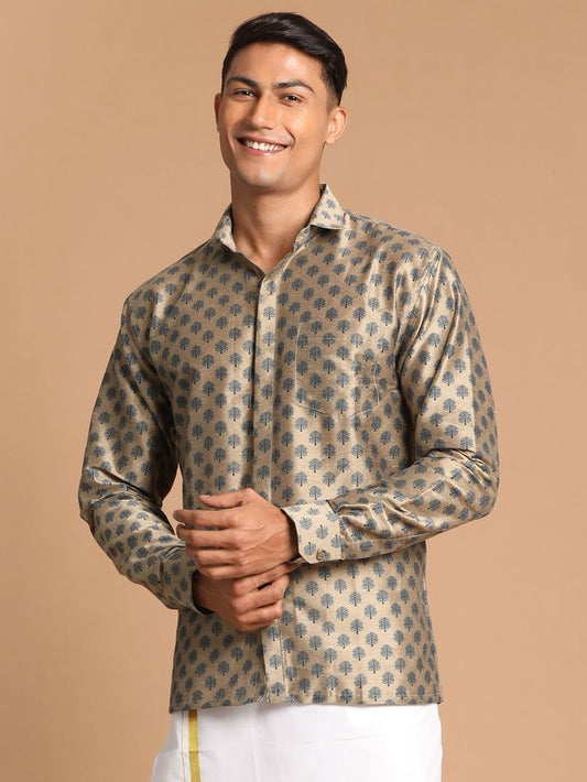 Men's Brown Viscose Blend Straight Ethnic Shirt