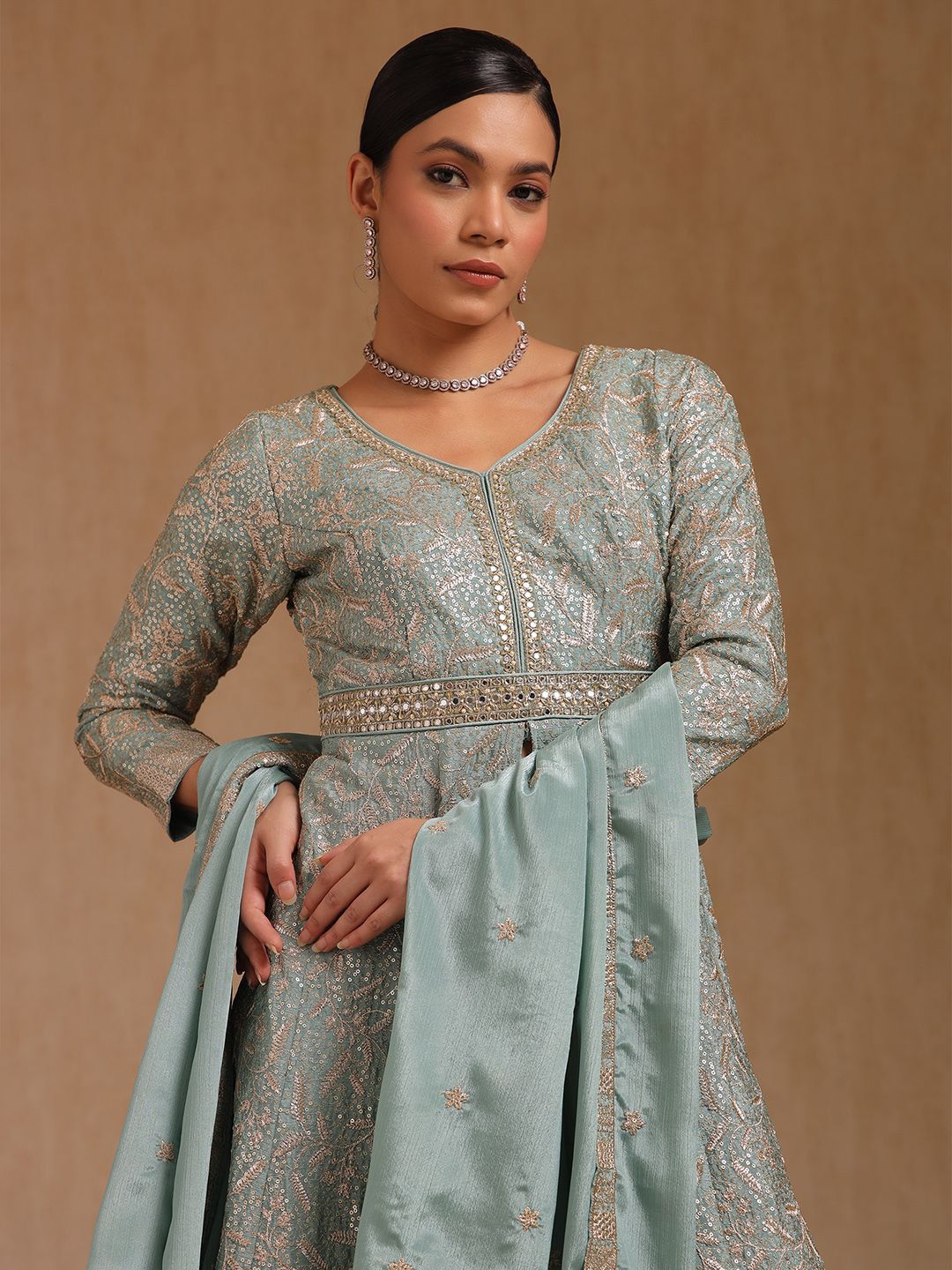 Dhiyona SO Women's Floral Embroidered V-Neck Empire Sequinned Anarkali Kurta With Palazzo & Dupatta