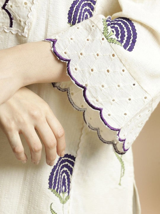 Women's Floral Printed Bell Sleeves Thread Work Pure Cotton A-Line Kurta With Palazzos