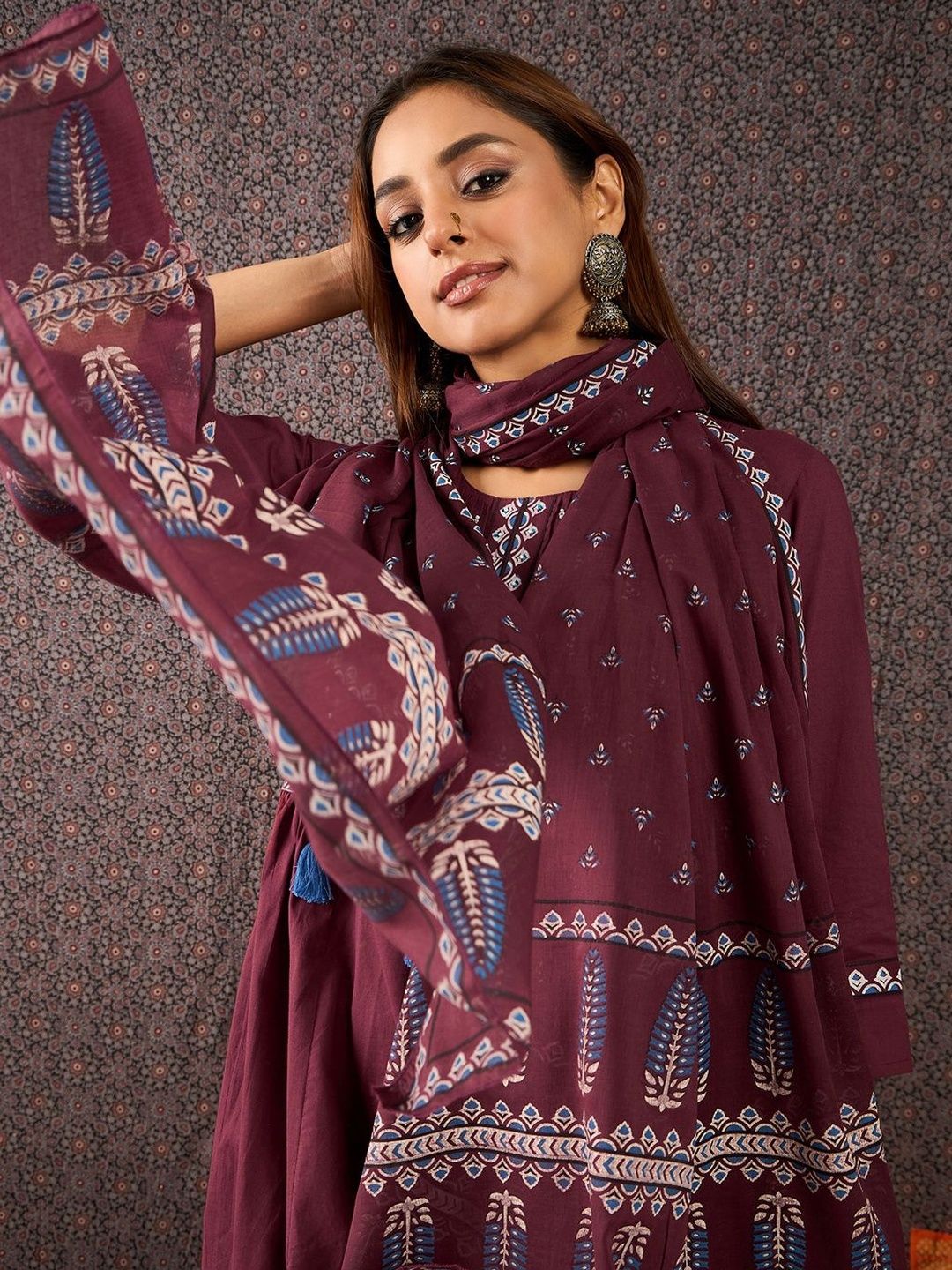 Women Ethnic Motifs Printed Cotton A-Line Kurta with Trousers & Dupatta