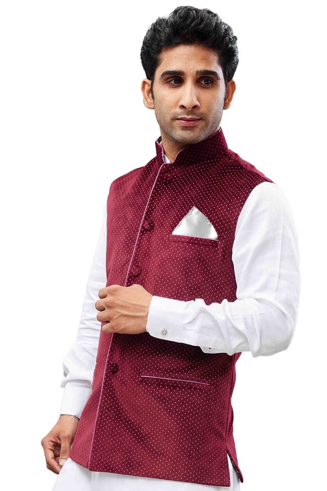 Men's Maroon Velvet Straight Nehru Jacket