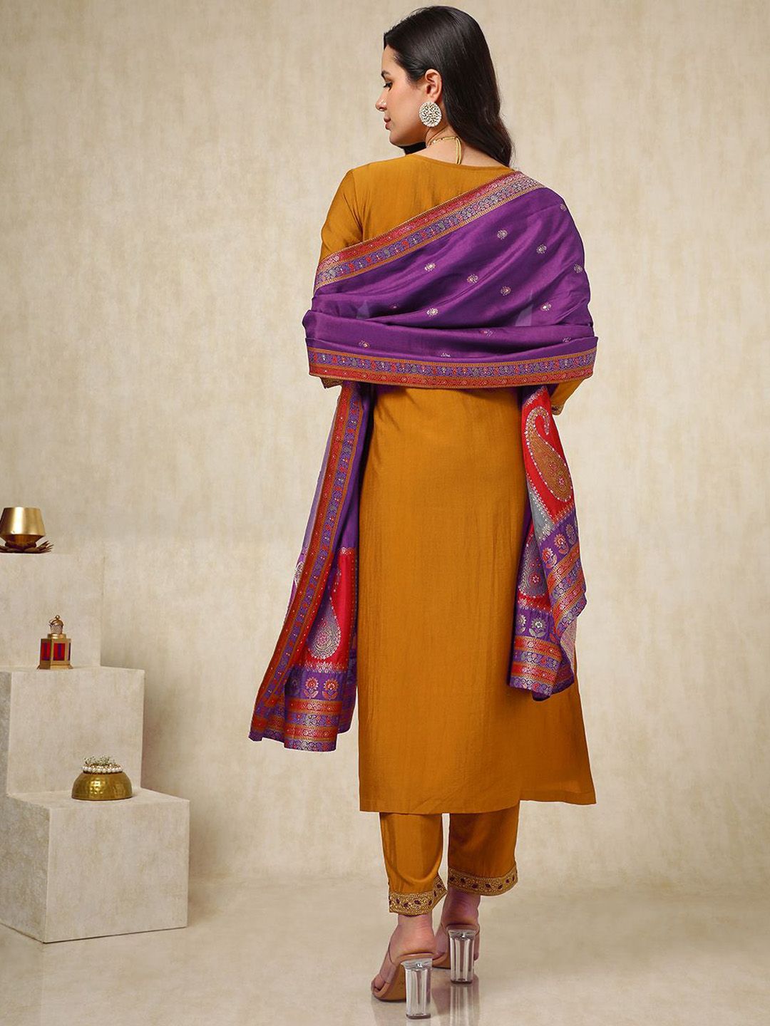 Dhiyona SO Women's Ethnic Motifs Embroidered Mirror Work Straight Kurta with Trousers & Dupatta