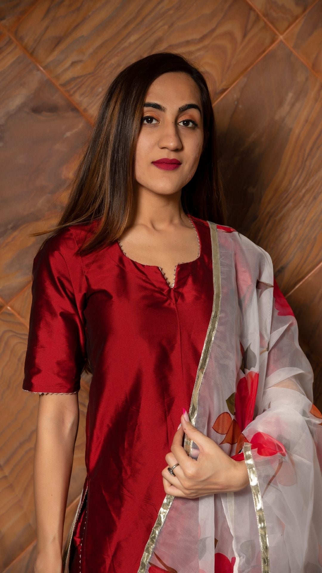 Maroon Phool Taffeta Silk Suit With Digital Print Organza Dupatta Set