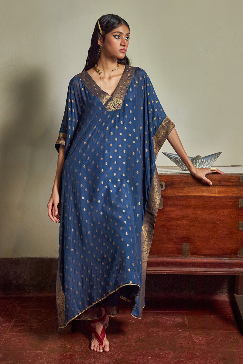 Women's Blue Opal Bemberg Chinon Silk Woven Kaftan Set