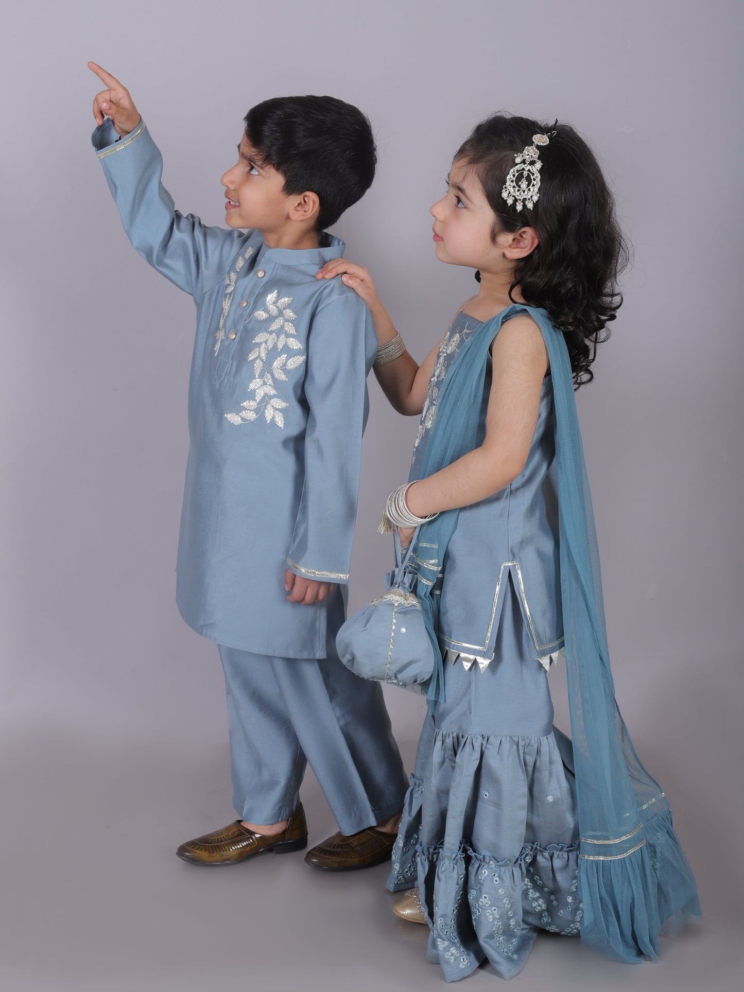 Zarqa Girls Blue Kurta with Sharara and dupatta set