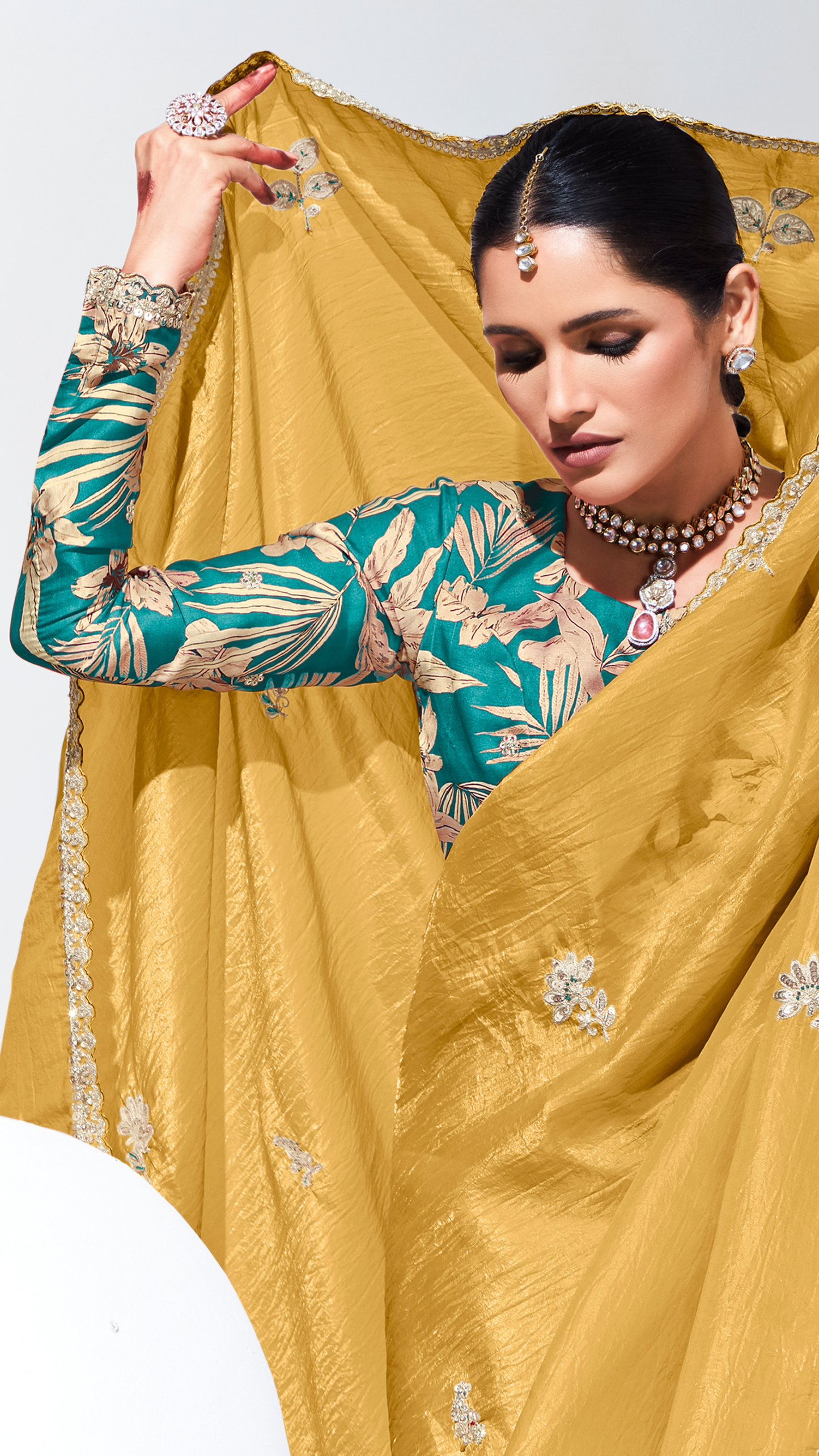 Dhiyona KM Women Yellow Pure Tissue Silk Saree With Crushed Texture & Contrast Green Blouse