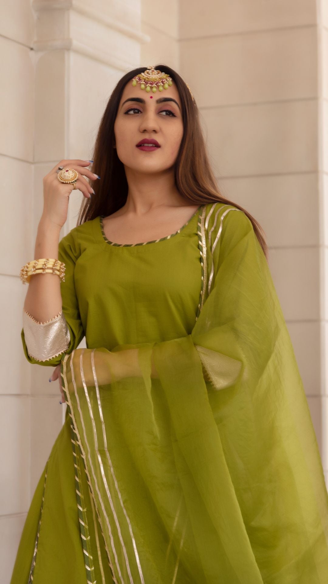 Falguni Green Long Kurta Skirt Set