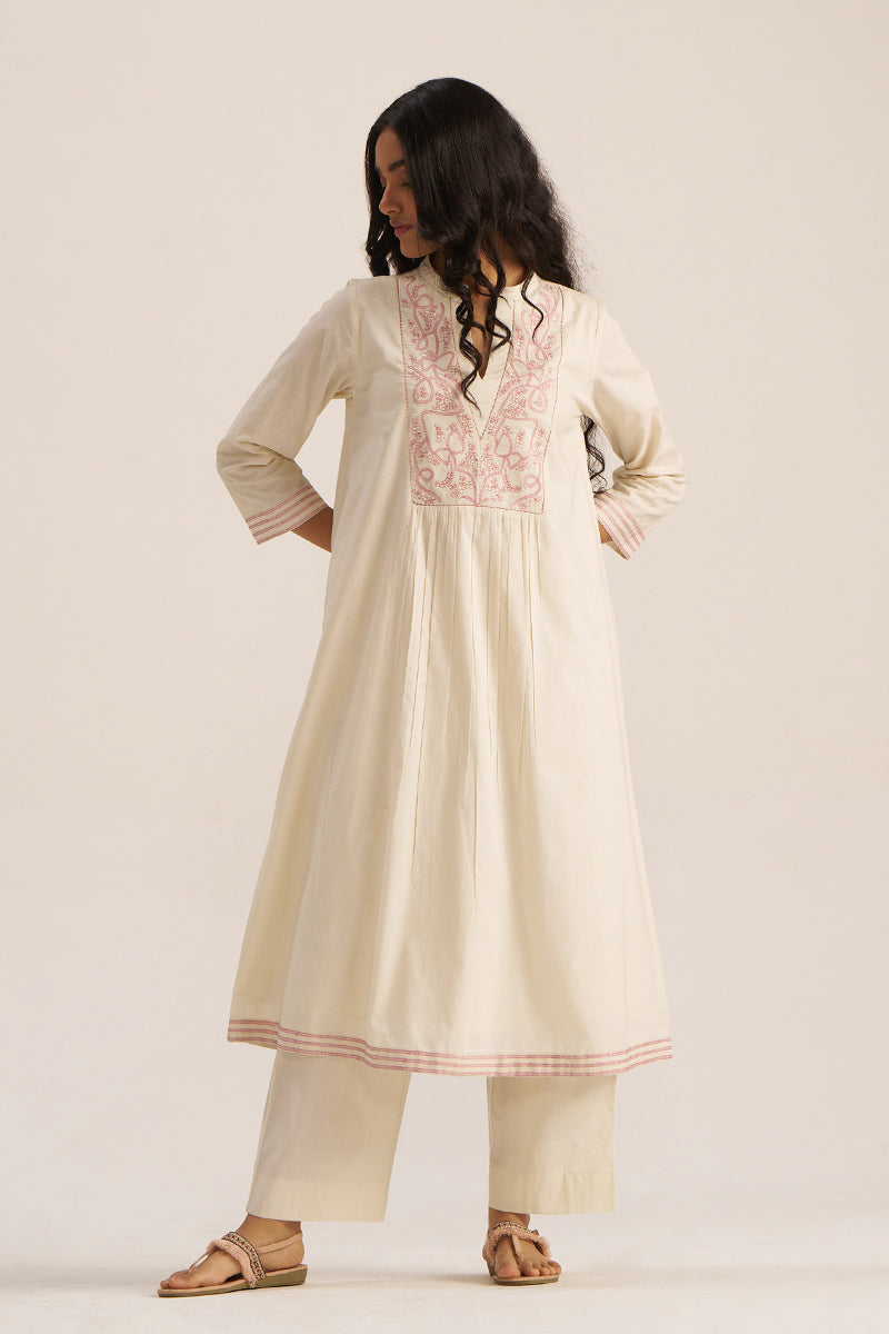 Women's Ivory and Pink Embroidered Cotton Co-ord Set