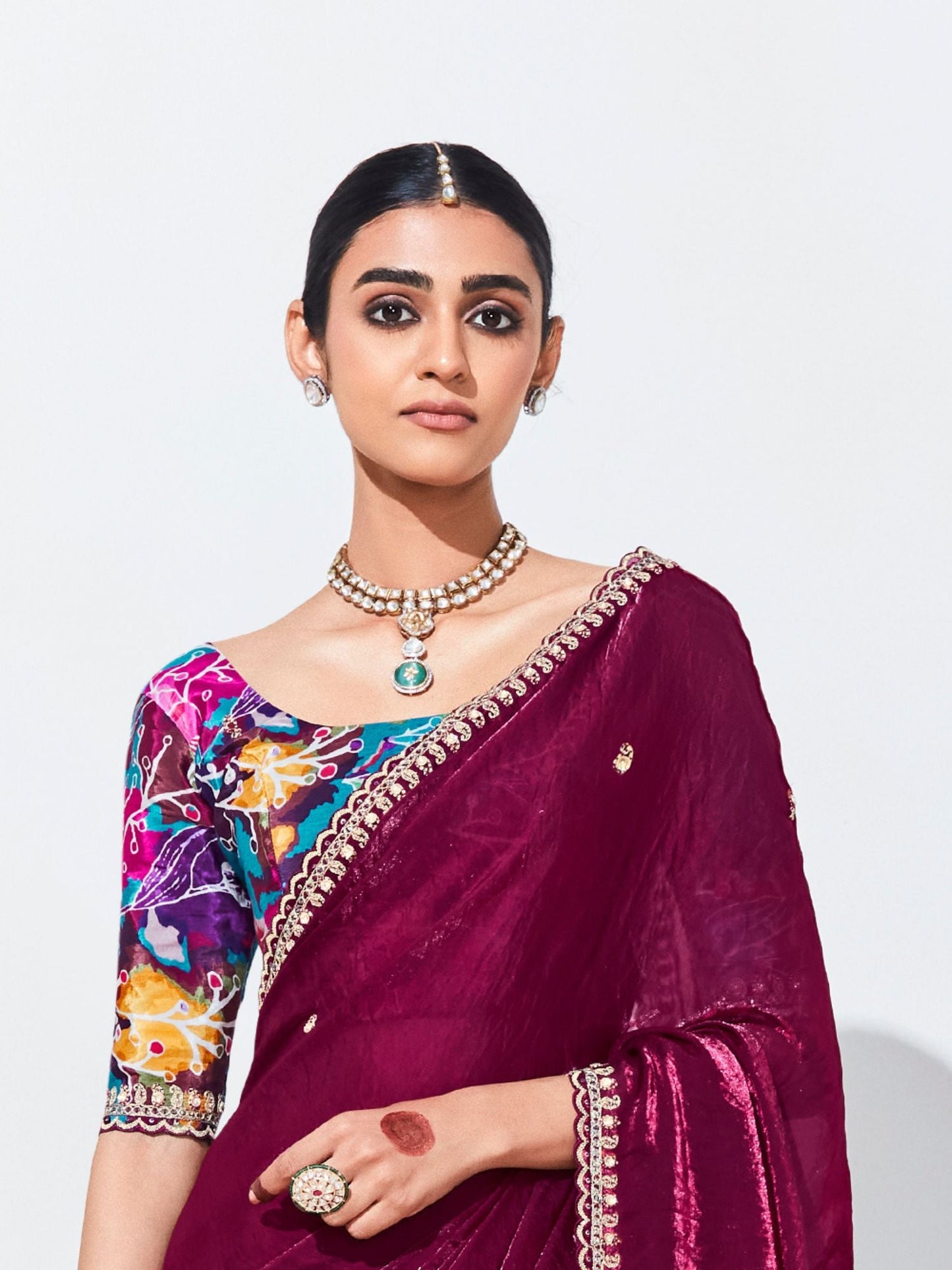 Dhiyona KM Women Wine Silk Saree With Vibrant Floral Blouse “ A Statement Of Luxury