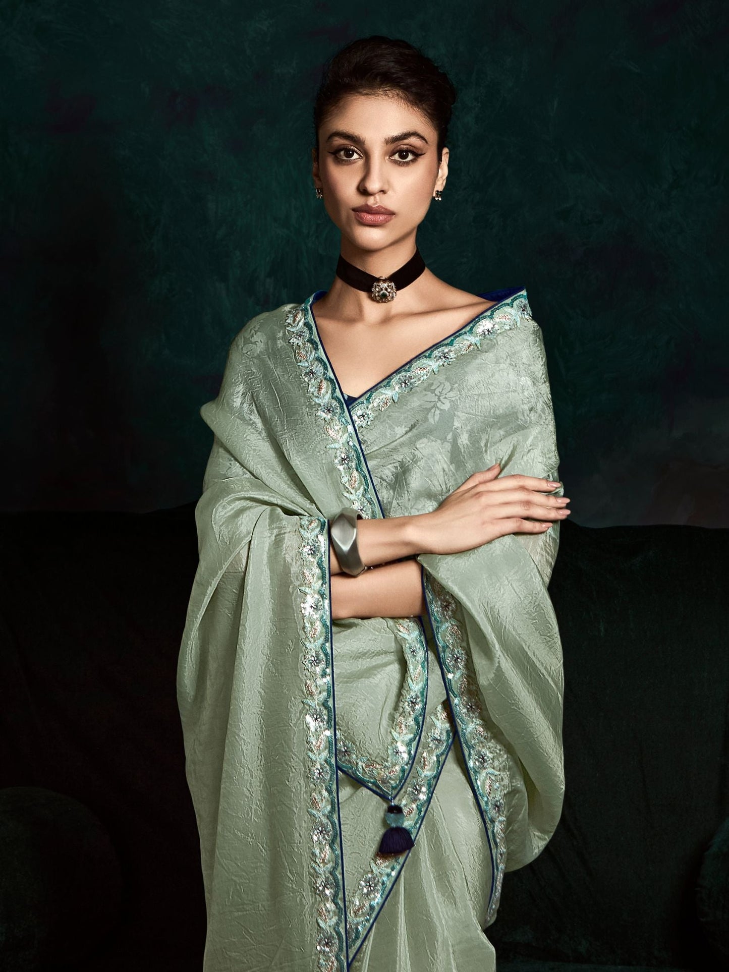 Dhiyona KM Women Stunning See Green Designer Organza Saree “ A Touch Of Elegance And Grace