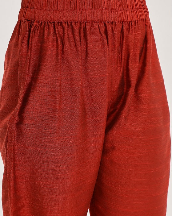 Dhiyona VR Women's Maroon & Silver Embroidered Straight Kurta With Solid Trouser And Printed Dupatta With Fringes