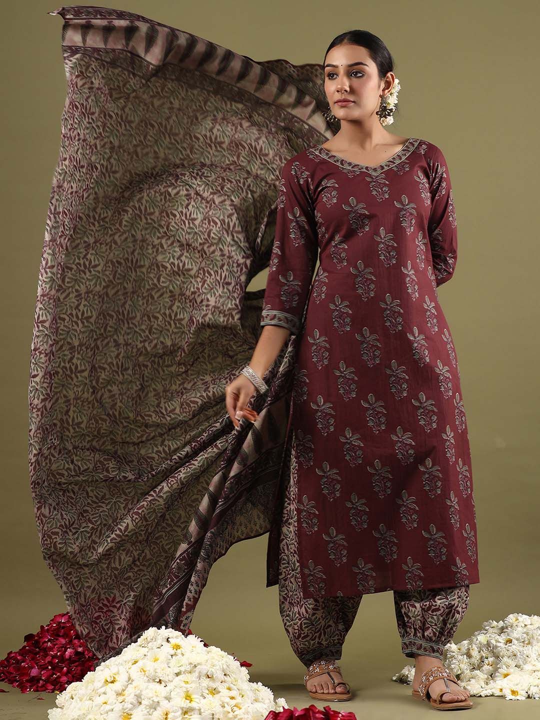 Dhiyona IE Ethnic Motifs Printed Pure Cotton Straight Kurta With Salwar & Dupatta