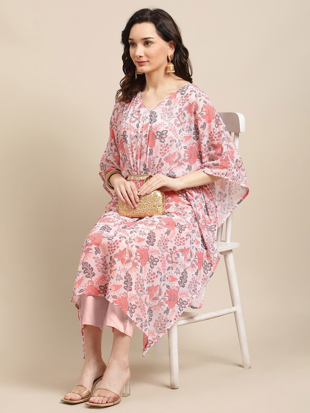 Dhiyona VA Women's Peach-Coloured & Pink Floral Printed Kaftan Kurta With Trousers