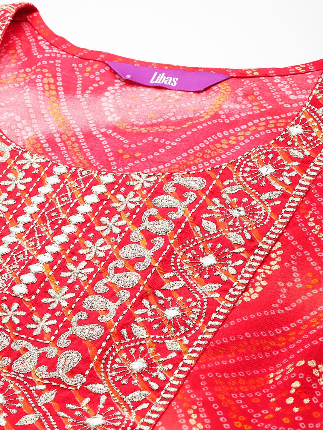 Dhiyona LB Women's Bandhani Printed Pleated Mirror Work Kurta with Trousers & Dupatta
