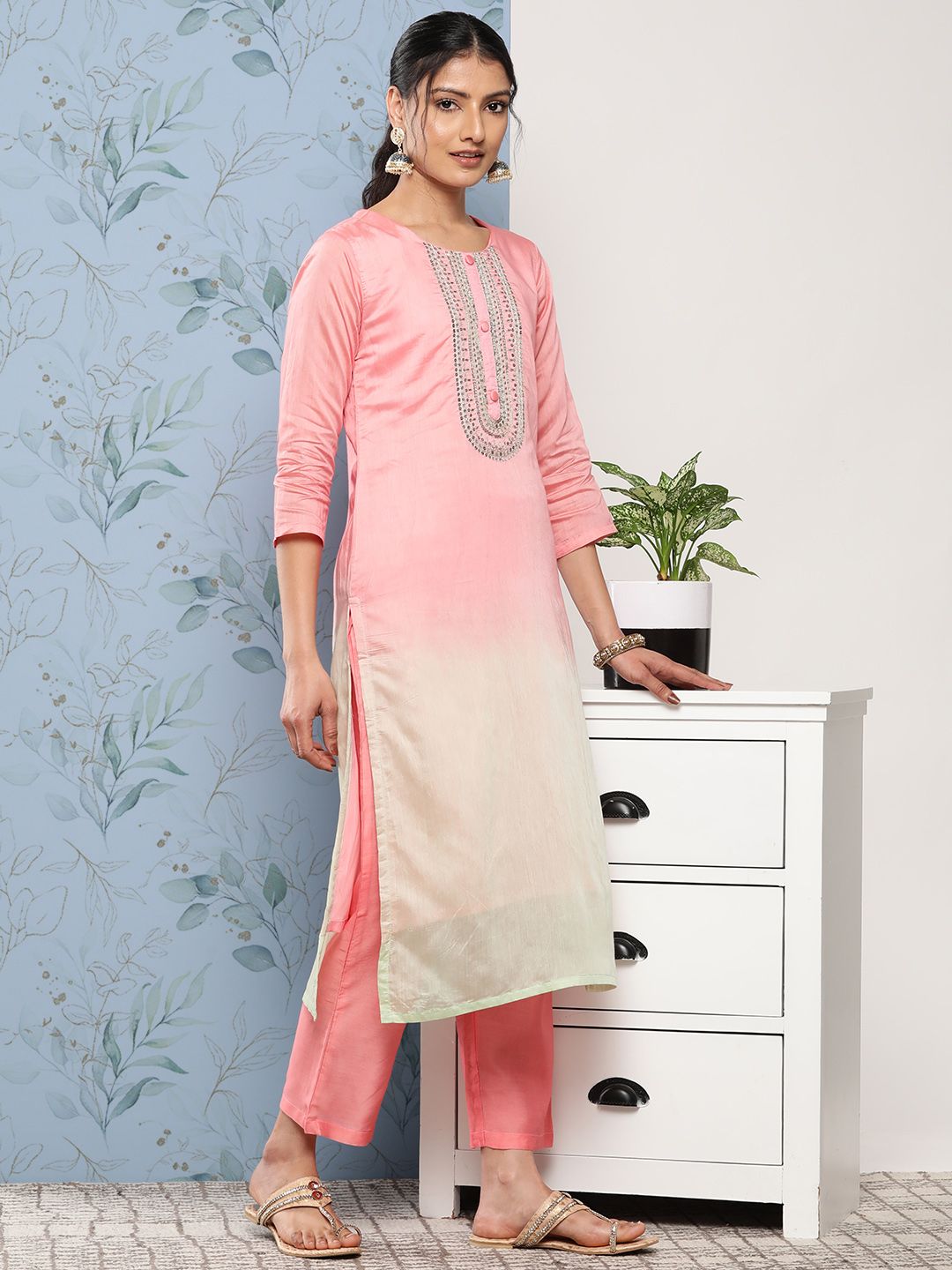 Dhiyona VA Women's Pink Ombre Embroidered Sequinned Kurta with Trousers & With Dupatta