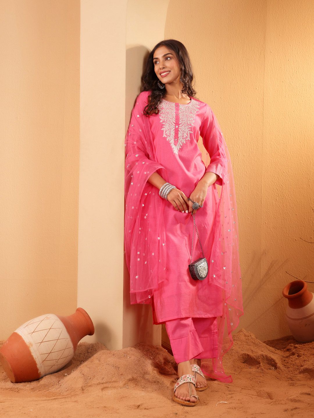 Dhiyona VA Women'sEthnic Motifs Embroidered Sequinned Chanderi Silk Kurta with Trousers And Dupatta