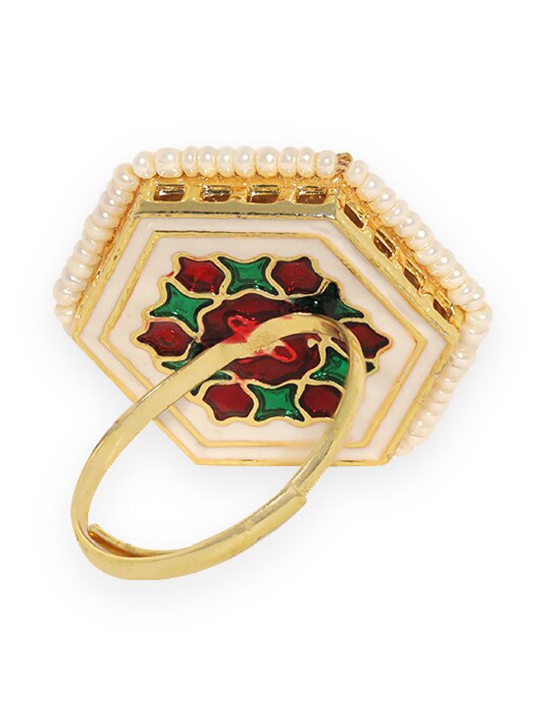 Dhiyona RJ Women's 22k Gold Plated Emerald Green & White Kundan Polki Studded Adjustable Finger Ring