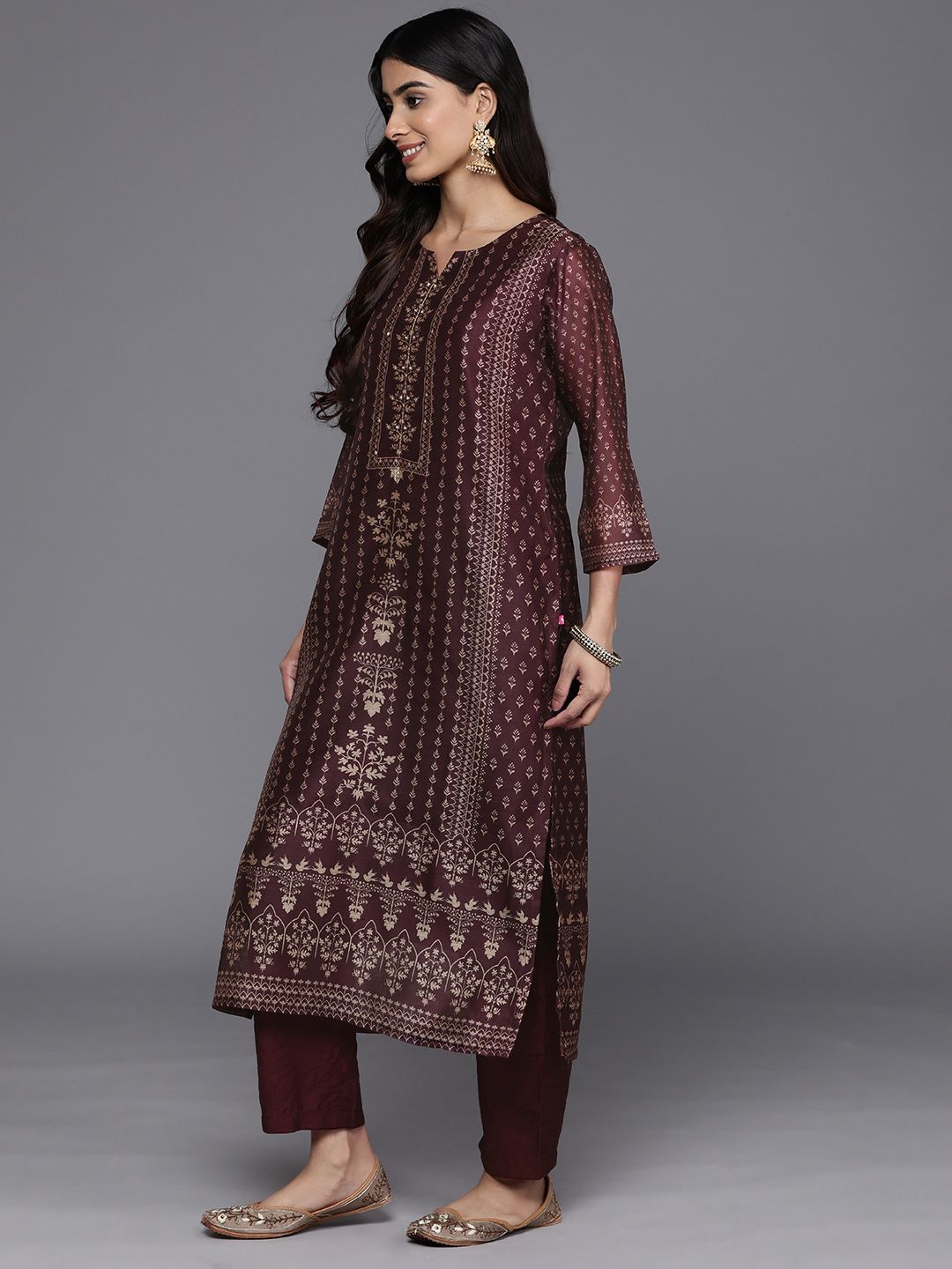 Dhiyona VA Women'sEthnic Motifs Printed Sequinned Chanderi Silk Kurta with Trousers & Dupatta